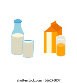 Glass of milk and orange juice vector illustration.
