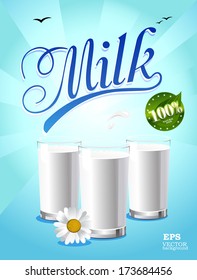 Glass of milk and a package on a natural green background