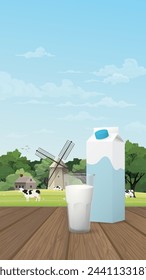 A glass of milk with milk package on wooden table have old farm windmill and livestock background. Dairy product concept vector illustration vertical shape have blank space.