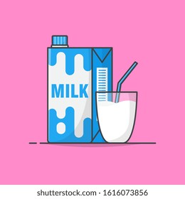 A Glass Of Milk With Milk Package Vector Icon Illustration. Vector Cartoon Style Illustration Of Dairy Products. Milk Icon