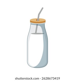Glass milk or plant milk bottle with a straw in flat style, isolated element on white background, minimalist design. For products concept, baby food, farm natural produce, local healthy food