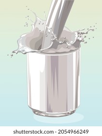A glass of milk, pouring liquid, splashes. Vector illustration.