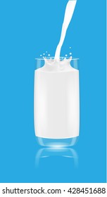 Glass with milk and splash on blue background illustration