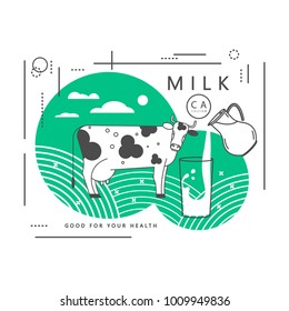 A glass with a milk splash, a pitcher and a cow. Vector illustration.