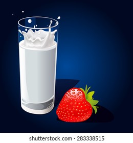 glass of milk with splash and strawberry on dark background