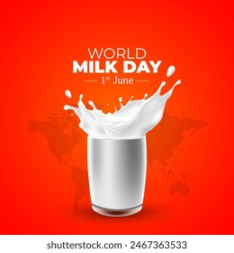 Glass of Milk splash and world map on red background. Creative poster for World Milk Day. Vector illustration.