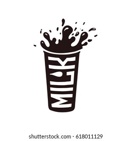 A glass of milk with splashes and the word milk. Vector silhouette of black color on white background. Hand-drawn illustration for t-shirt, poster, pack and flyers