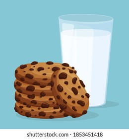 Glass of milk and tasty chocolate chips cookies. Vector illustration.