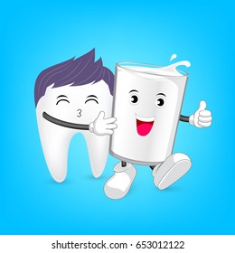 Glass of milk and tooth character, friends forever. Milk is good for teeth. Dental care concept, illustration on blue background.