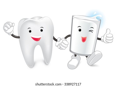 Glass of milk and tooth. Vector cartoon. Friends forever. comic characters.