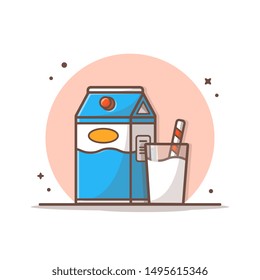 Glass of Milk Vector Icon Illustration. Breakfast Time. Cow Milk Box with Glass of Milk and Straw Concept White Isolated. Flat Cartoon Style Suitable for Web Landing Page, Banner, Flyer, Sticker