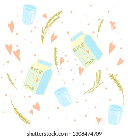A glass of milk for vegans. Rice milk. Healthy alternative to dairy.  Template for banner, card, poster, print and other design projects.