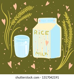 A glass of milk for vegans.Rice milk. Healthy alternative to dairy.  Template for banner, card, poster, print and other design projects.