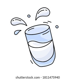 Glass of milk or water with spray. Falling clear cup with drink and splash of drops. Color hand drawn emblem of dairy products, yogurt, kefir. Doodle isolated vector illustration, white background