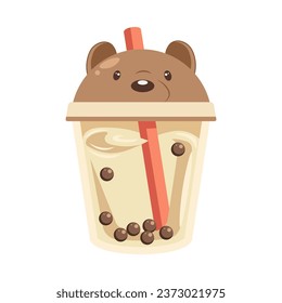 A glass of milkshake with a bear. Drink icon, cartoon flat illustration, vector