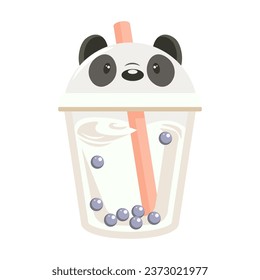 A glass of milkshake with a bear. Drink icon, cartoon flat illustration, vector