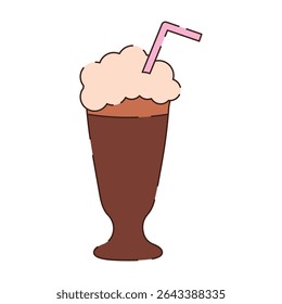 A glass with a milkshake and a pink straw. The glass has a classic shape with a wide top and a narrow base.