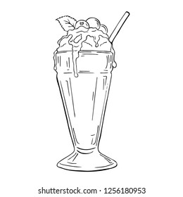 Glass of milkshake or sweet cocktail isolated on white background. Hand drawn vector illustration.