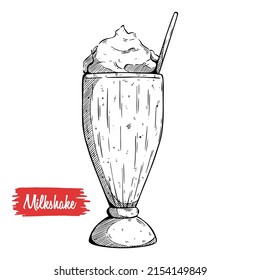 Glass of milkshake with whipped cream vector sketch illustration