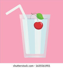 Glass milkshake whis cherry isolated pink background