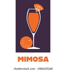 A glass of Mimosa cocktail with an orange flat vector illustration