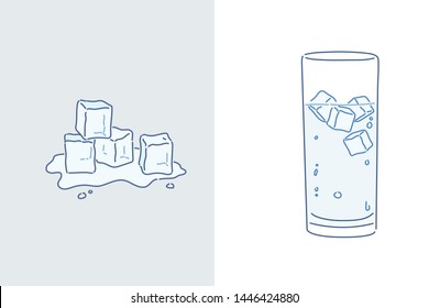 Glass of mineral carbonated water with ice. Hand drawn style vector design illustrations.