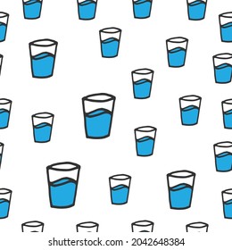 glass of mineral water illustration on white background. blue water, transparent drinking glass. hand drawn vector. seamless pattern. doodle art for wallpaper, wrapping paper and gift, backdrop,fabric