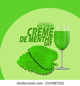 Ein Glas Minzgetränk namens Creme de Menthe, das heißt Minzcreme mit Minzblättern und feiner Text auf hellgrünem Hintergrund zum Feiern 
National Creme de Menthe Day am 15. September