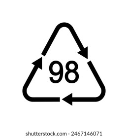 Glass and miscellaneous metals recycling sign. Number 98 in triangular shape with arrows. reusable icon isolated on white background. Environmental protection concept. Vector graphic illustration.