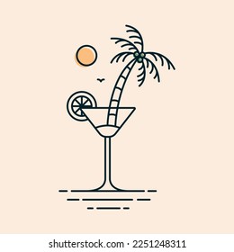 A Glass of Mocktail on a Summer Beach with Coconut Tree Monoline Design for Apparel