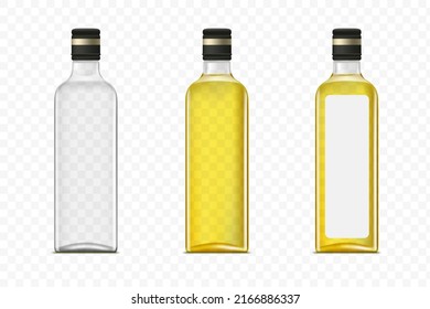 Glass mockup bottles with olive oil. Package template Isolated on transparent background. stock vector illustration.