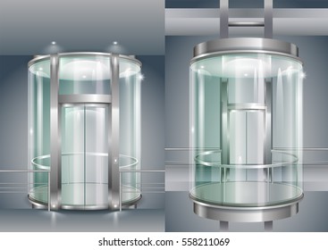 Glass modern elevator cylindrical shape with a transparent glass. Vector graphics