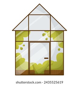 Glass modern greenhouse with garden plants. Greenhouse with climbing plants. Greenhouse for agriculture, greenhouse eke farm. Winter glass garden, home gardening. Vector illustration.