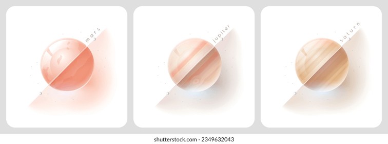 Glass modern mars, jupiter and saturn planets for web design and posters with diagonal line and title on white background, series of sets of 3 objects.