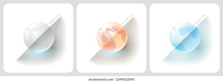 Glass modern mercury, venus and earth planets for web design and posters with diagonal line and title on white background, series of sets of 3 objects.