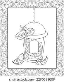 A glass with a mojito closed with a lid, lime and mint - a vector linear picture in a frame for coloring. Outline. Disposable glass with lid and drinking straw. Summer cocktail for coloring