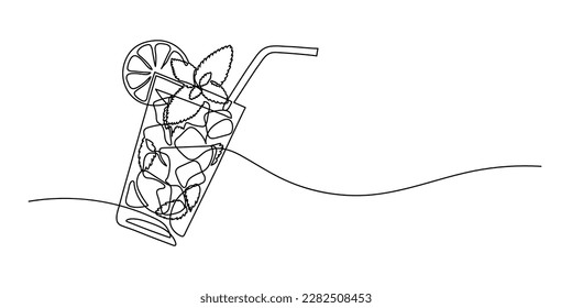 Glass of mojito, or cocktail with lemon and mint. Continuous line drawing.