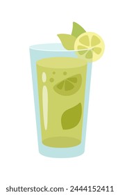 Glass of mojito cocktail with lime cartoon vector illustration. Summer mint alcohol drink isolated on white background. Celebration with toasts and cheering. Party time. Beverage menu concept.