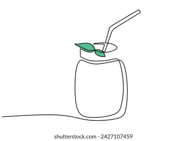 Glass of mojito or cocktail with mint. Continuous line art drawing.