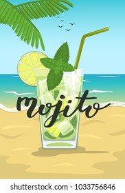 Glass of mojito cocktail with mint and straw on summer sea beach. Vector illustration 