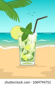 Glass of mojito cocktail with mint and straw on summer sea beach. Vector illustration 