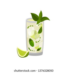 Glass of mojito cocktail with mint. Vector illustration isolated on white background.