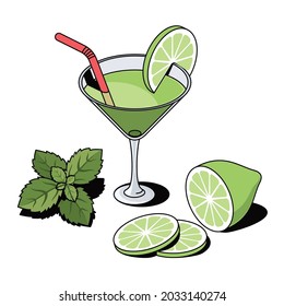 Una copa de cóctel de mojito refrescante con cal y menta. Línea de esbozo vectorial 3d isométrica, ilustración de icono de color, estilo plano. Idea de diseño creativo y elementos para infografías y sitios web.