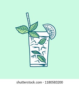 A glass with mojito. A glass with a drink.