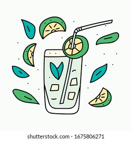 Glass of mojito. Hand drawn vector illustration on white background.