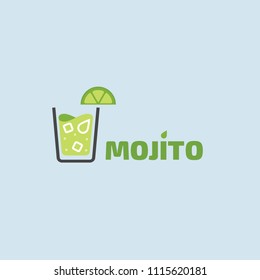 A glass of mojito with ice, mint and lime. Vector illustration of cold summer cocktail.