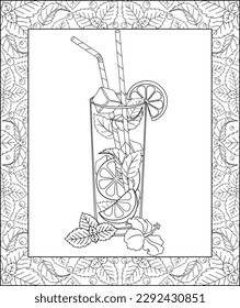 Glass with mojito, lime, mint and hibiscus flower - vector linear picture in a frame for coloring. Outline. A glass with a straw for drinking. Summer cocktail for coloring