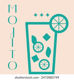 Glass of mojito.Summer cocktail aperitif with mint and ice cubes. Summer cocktail print.Mohito geometric style. Vector illustration EPS 10