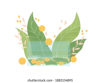 Glass money box for cash and coins vector flat illustration. Storage for social support, savings or investment isolated. Concept of charity, donation and financial endowment