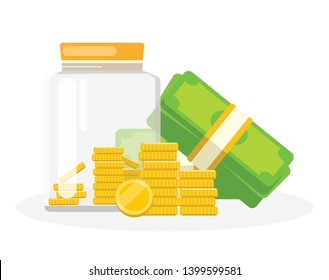 Glass money box with stack of golden coins and dollar bills, savings